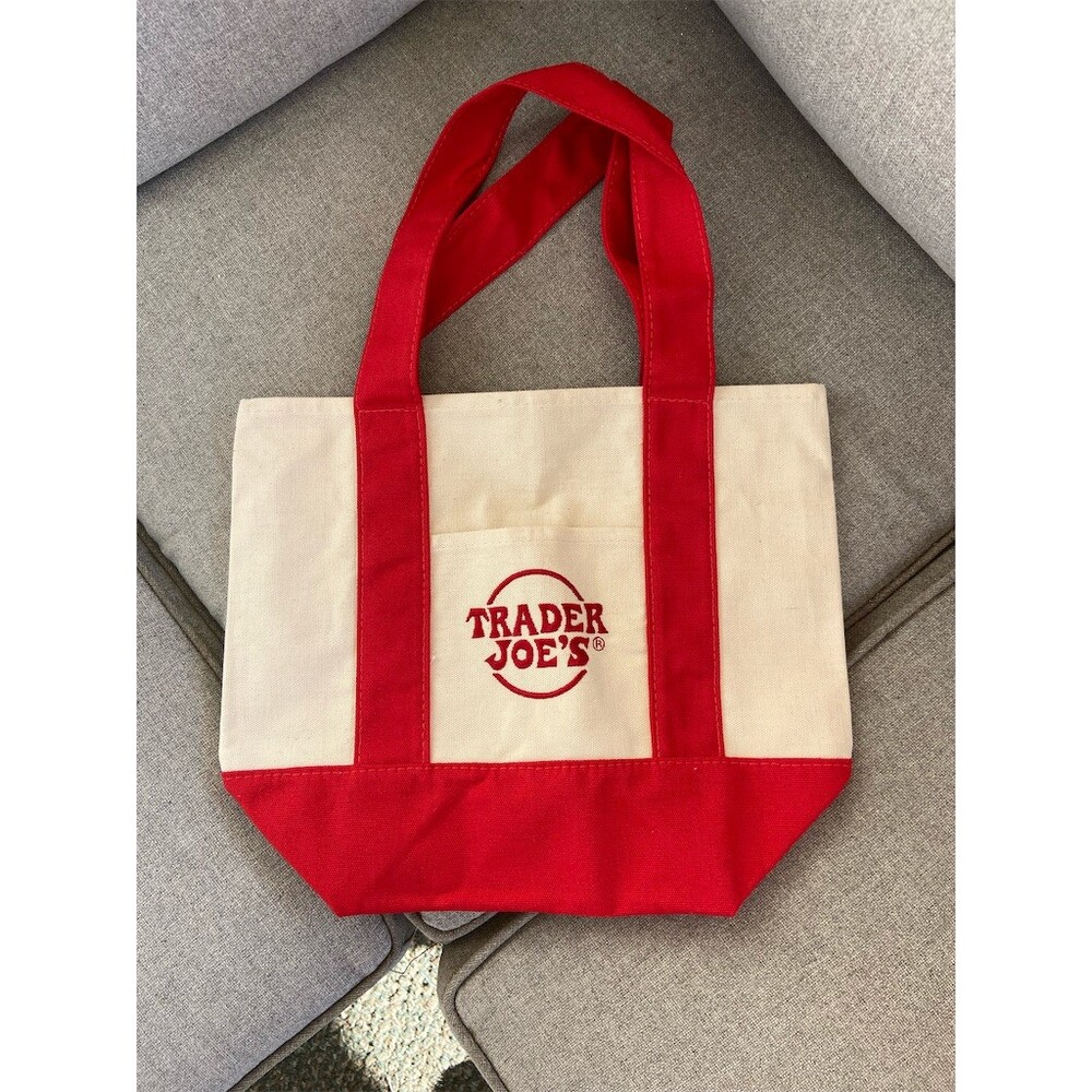 Trader Joe's Mini Tote Bag Red & Natural Reusable Shopper Embroidered Logo
